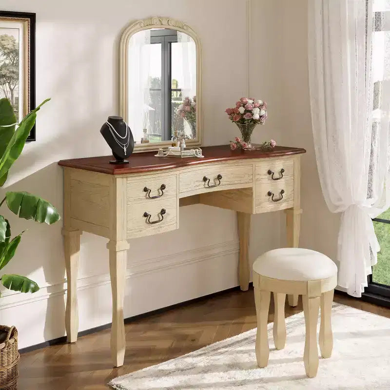 Coiffeuse vintage avec miroir à cadre floral incurvé, 5 tiroirs et tabouret assorti, marron + blanc antique – ModernLuxe