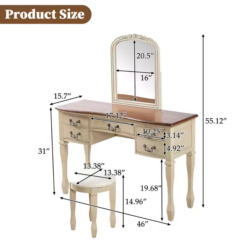 Coiffeuse vintage avec miroir à cadre floral incurvé, 5 tiroirs et tabouret assorti, marron + blanc antique – ModernLuxe