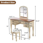 Coiffeuse vintage avec miroir à cadre floral incurvé, 5 tiroirs et tabouret assorti, marron + blanc antique – ModernLuxe