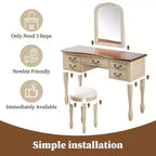 Coiffeuse vintage avec miroir à cadre floral incurvé, 5 tiroirs et tabouret assorti, marron + blanc antique – ModernLuxe