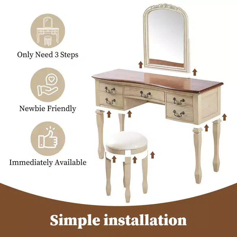Coiffeuse vintage avec miroir à cadre floral incurvé, 5 tiroirs et tabouret assorti, marron + blanc antique – ModernLuxe