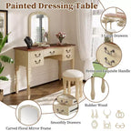 Coiffeuse vintage avec miroir à cadre floral incurvé, 5 tiroirs et tabouret assorti, marron + blanc antique – ModernLuxe