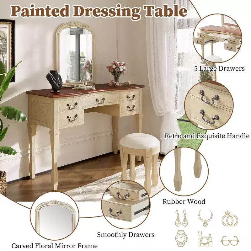 Coiffeuse vintage avec miroir à cadre floral incurvé, 5 tiroirs et tabouret assorti, marron + blanc antique – ModernLuxe