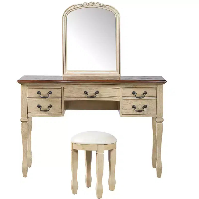 Coiffeuse vintage avec miroir à cadre floral incurvé, 5 tiroirs et tabouret assorti, marron + blanc antique – ModernLuxe