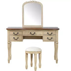 Coiffeuse vintage avec miroir à cadre floral incurvé, 5 tiroirs et tabouret assorti, marron + blanc antique – ModernLuxe