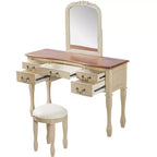 Coiffeuse vintage avec miroir à cadre floral incurvé, 5 tiroirs et tabouret assorti, marron + blanc antique – ModernLuxe
