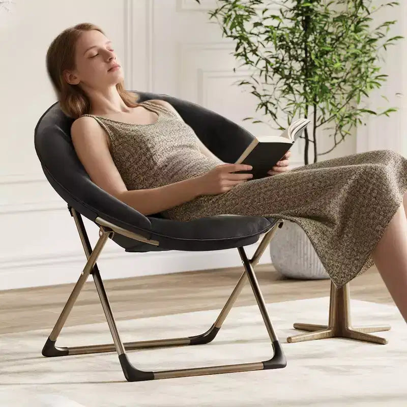 Fauteuil soucoupe géant en peluche pour chambre ou dortoir – Chaise longue d'appoint pliable avec cadre métallique robuste, assise ultra confortable, Noir et or