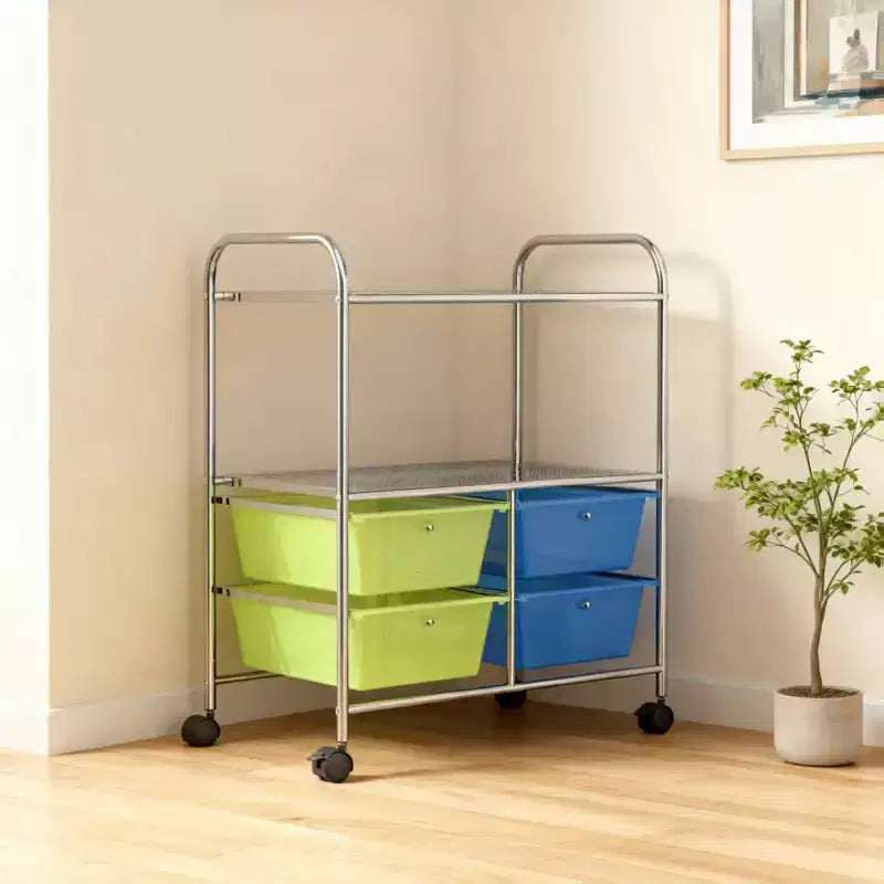 Chariot de rangement mobile Gymax à 4 tiroirs, support de papier pour scrapbooking, étagère organisatrice pour bureau et école, multicolore/rose vif