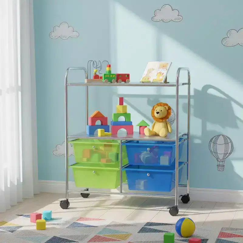 Chariot de rangement mobile Gymax à 4 tiroirs, support de papier pour scrapbooking, étagère organisatrice pour bureau et école, multicolore/rose vif