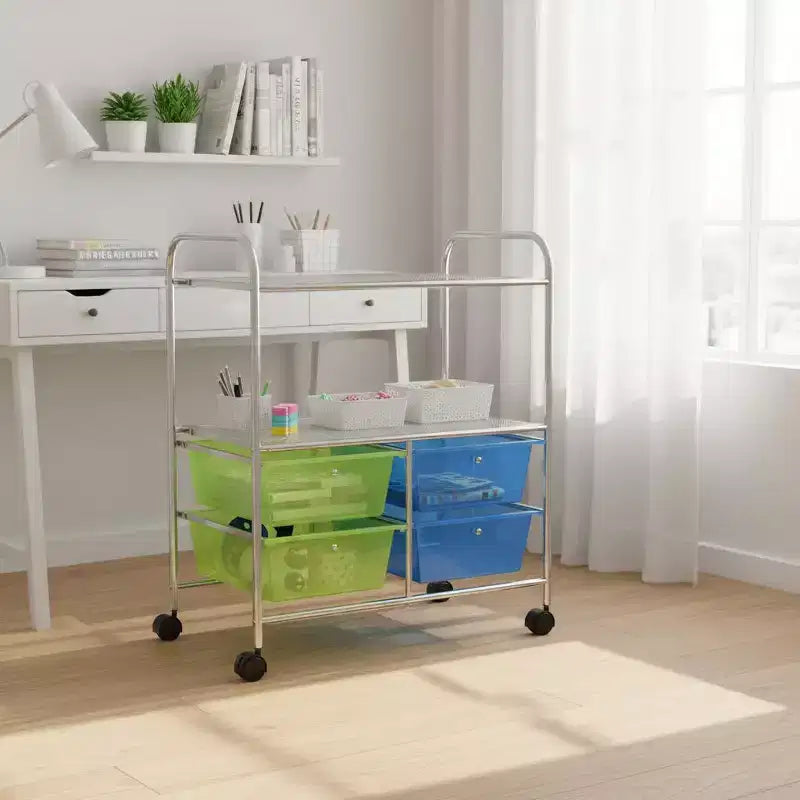 Chariot de rangement mobile Gymax à 4 tiroirs, support de papier pour scrapbooking, étagère organisatrice pour bureau et école, multicolore/rose vif