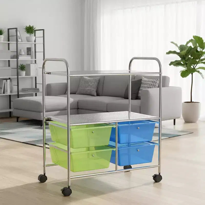 Chariot de rangement mobile Gymax à 4 tiroirs, support de papier pour scrapbooking, étagère organisatrice pour bureau et école, multicolore/rose vif