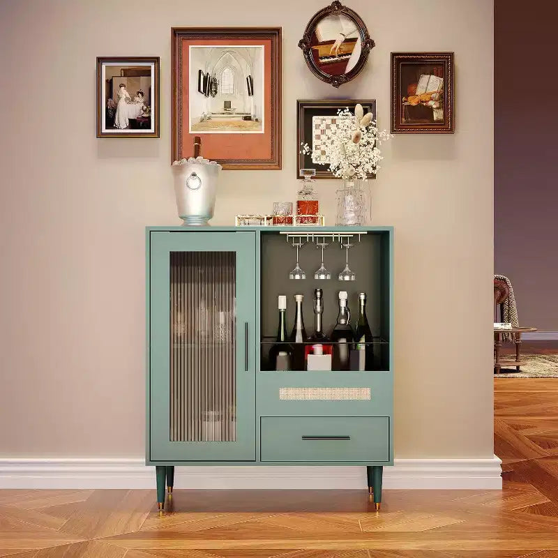 Buffet moderne vert avec porte-verres et rangements, 30,7 po pour cuisine, salle à manger, salon