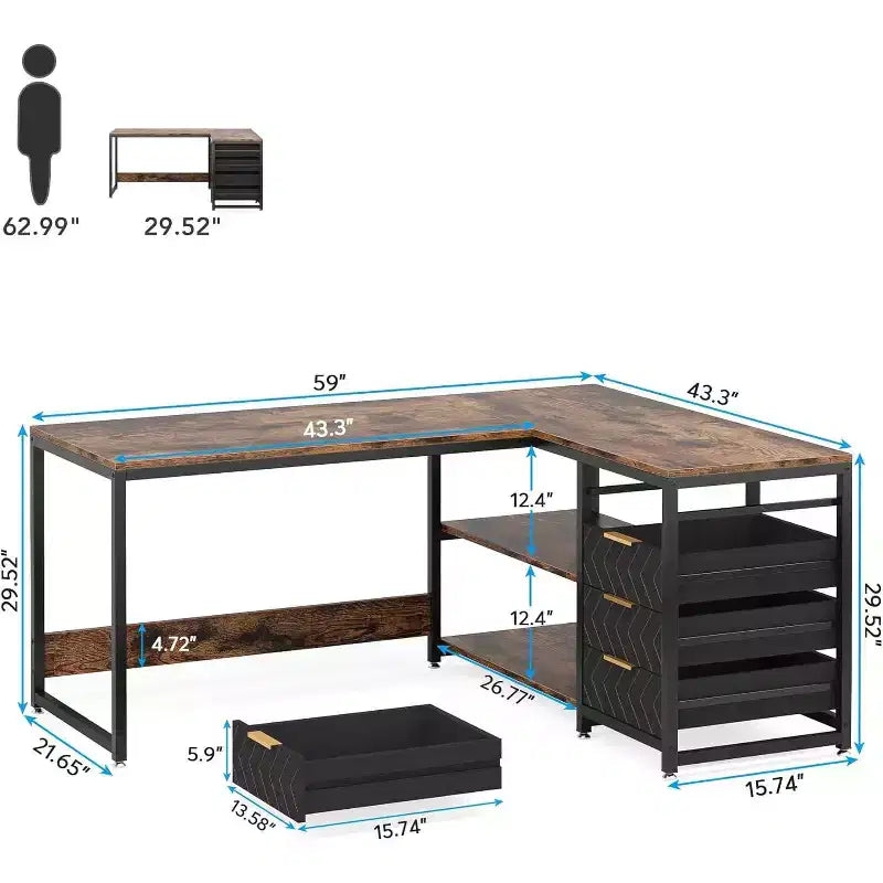 Lantine Bureau d'angle en L de 150 cm avec tiroirs et étagères de rangement, bureau réversible pour bureau à domicile, marron