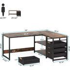 Lantine Bureau d'angle en L de 150 cm avec tiroirs et étagères de rangement, bureau réversible pour bureau à domicile, marron