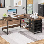 Lantine Bureau d'angle en L de 150 cm avec tiroirs et étagères de rangement, bureau réversible pour bureau à domicile, marron