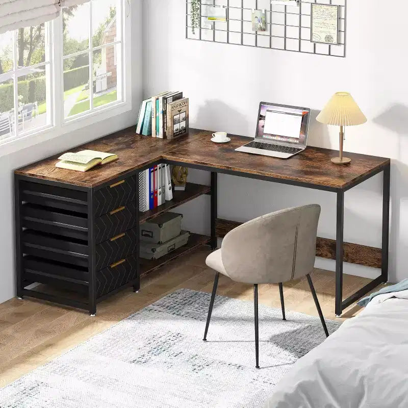 Lantine Bureau d'angle en L de 150 cm avec tiroirs et étagères de rangement, bureau réversible pour bureau à domicile, marron
