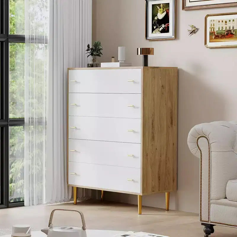 Commode de chambre à 5 tiroirs de style ferme, commode haute de 112 cm en bois rustique avec grands tiroirs et poignées barres, organisateur de tiroirs pour le salon