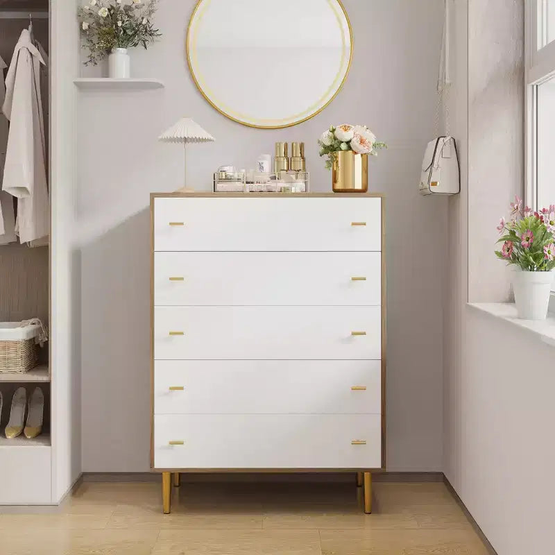 Commode de chambre à 5 tiroirs de style ferme, commode haute de 112 cm en bois rustique avec grands tiroirs et poignées barres, organisateur de tiroirs pour le salon
