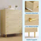 Commode de chambre à 5 tiroirs de style ferme, commode haute de 112 cm en bois rustique avec grands tiroirs et poignées barres, organisateur de tiroirs pour le salon