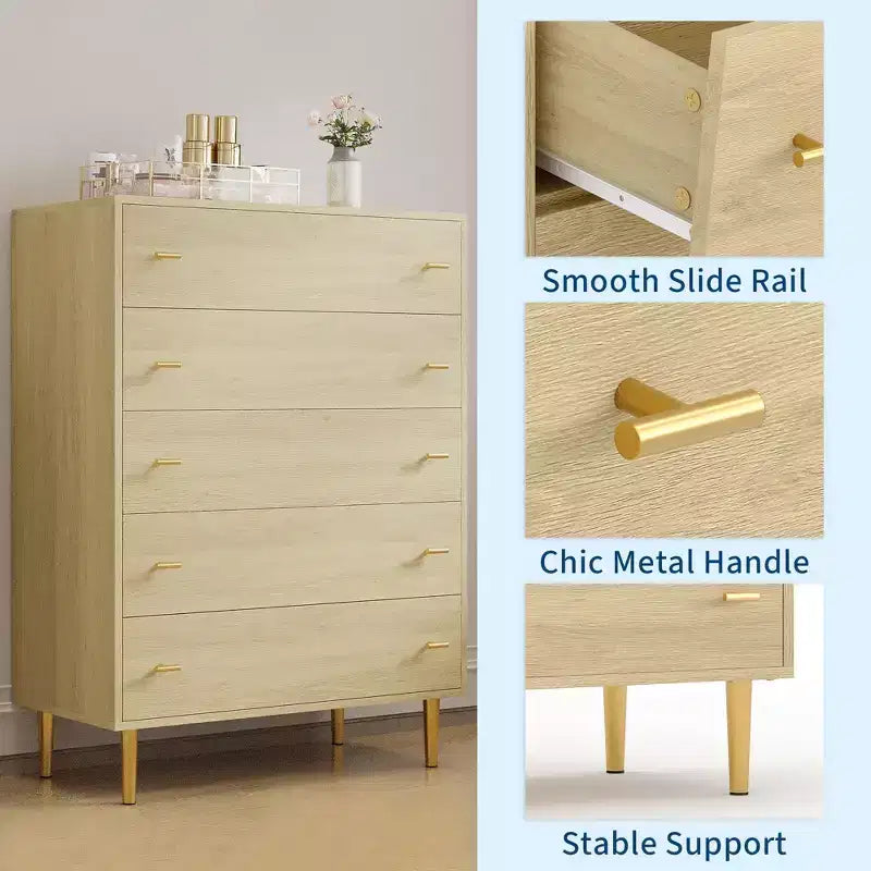 Commode de chambre à 5 tiroirs de style ferme, commode haute de 112 cm en bois rustique avec grands tiroirs et poignées barres, organisateur de tiroirs pour le salon