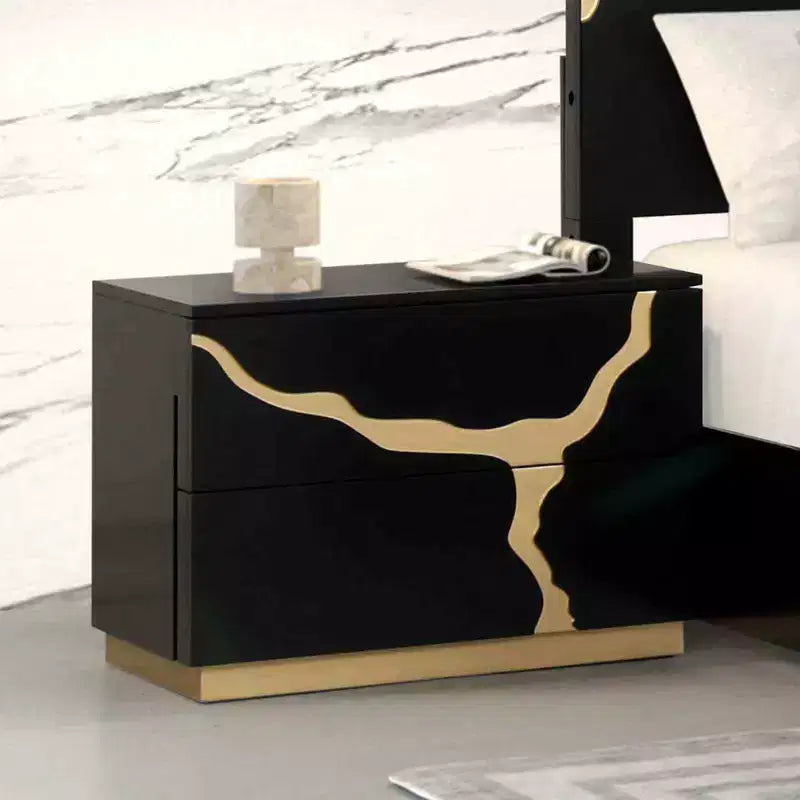 JVNOXK 28-inch Modern Single Nightstand Gold Lacquer Pattern French and English Dovetail Drawers Bedroom Furniture Black and Gold
