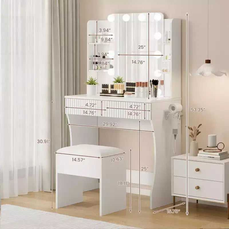 Coiffeuse avec miroir et 12 lumières LED, Table de maquillage moderne avec prise de courant, 2 tiroirs, support pour sèche-cheveux et tabouret, pour chambre à coucher
