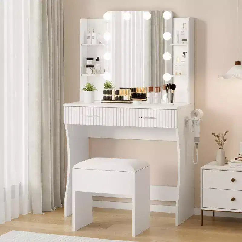 Coiffeuse avec miroir et 12 lumières LED, Table de maquillage moderne avec prise de courant, 2 tiroirs, support pour sèche-cheveux et tabouret, pour chambre à coucher