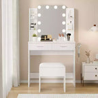 Coiffeuse avec miroir et 12 lumières LED, Table de maquillage moderne avec prise de courant, 2 tiroirs, support pour sèche-cheveux et tabouret, pour chambre à coucher