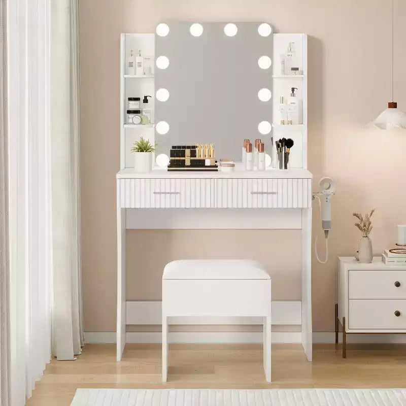 Coiffeuse avec miroir et 12 lumières LED, Table de maquillage moderne avec prise de courant, 2 tiroirs, support pour sèche-cheveux et tabouret, pour chambre à coucher
