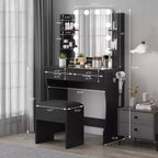 Coiffeuse avec miroir et 12 lumières LED, Table de maquillage moderne avec prise de courant, 2 tiroirs, support pour sèche-cheveux et tabouret, pour chambre à coucher