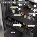 Coiffeuse avec miroir et 12 lumières LED, Table de maquillage moderne avec prise de courant, 2 tiroirs, support pour sèche-cheveux et tabouret, pour chambre à coucher