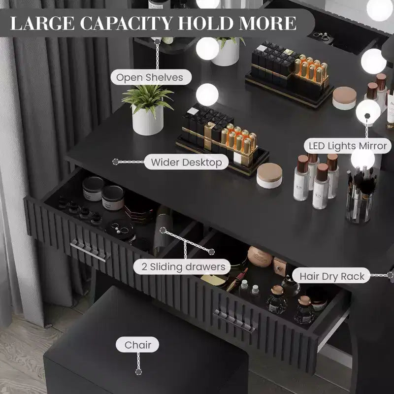 Coiffeuse avec miroir et 12 lumières LED, Table de maquillage moderne avec prise de courant, 2 tiroirs, support pour sèche-cheveux et tabouret, pour chambre à coucher