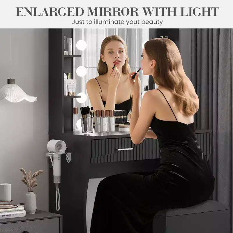 Coiffeuse avec miroir et 12 lumières LED, Table de maquillage moderne avec prise de courant, 2 tiroirs, support pour sèche-cheveux et tabouret, pour chambre à coucher