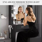 Coiffeuse avec miroir et 12 lumières LED, Table de maquillage moderne avec prise de courant, 2 tiroirs, support pour sèche-cheveux et tabouret, pour chambre à coucher