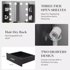 Coiffeuse avec miroir et 12 lumières LED, Table de maquillage moderne avec prise de courant, 2 tiroirs, support pour sèche-cheveux et tabouret, pour chambre à coucher