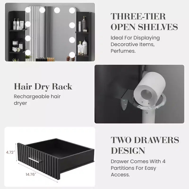 Coiffeuse avec miroir et 12 lumières LED, Table de maquillage moderne avec prise de courant, 2 tiroirs, support pour sèche-cheveux et tabouret, pour chambre à coucher