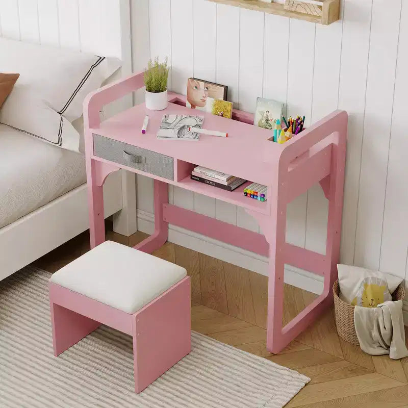 Ensemble Bureau et Chaise pour Enfants, Bureau d'Étude pour Garçons et Filles, Table d'Écriture en Bois pour Enfants avec Tiroirs en Tissu et Porte-Crayons