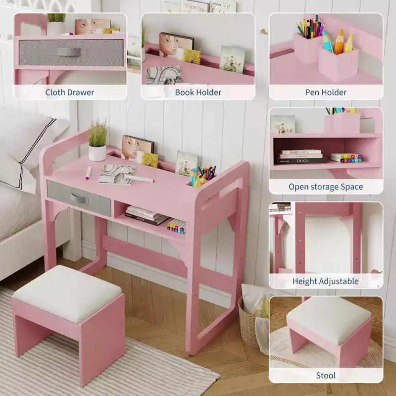 Ensemble Bureau et Chaise pour Enfants, Bureau d'Étude pour Garçons et Filles, Table d'Écriture en Bois pour Enfants avec Tiroirs en Tissu et Porte-Crayons