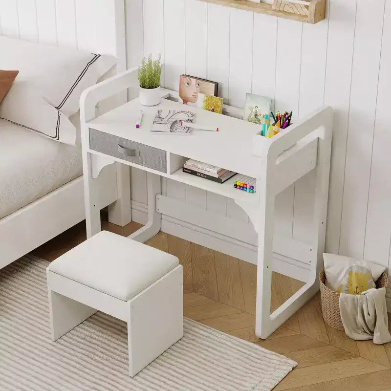 Ensemble Bureau et Chaise pour Enfants, Bureau d'Étude pour Garçons et Filles, Table d'Écriture en Bois pour Enfants avec Tiroirs en Tissu et Porte-Crayons