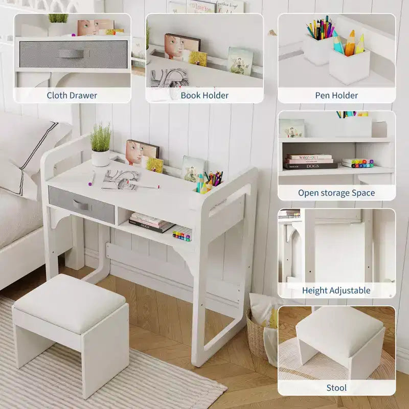 Ensemble Bureau et Chaise pour Enfants, Bureau d'Étude pour Garçons et Filles, Table d'Écriture en Bois pour Enfants avec Tiroirs en Tissu et Porte-Crayons