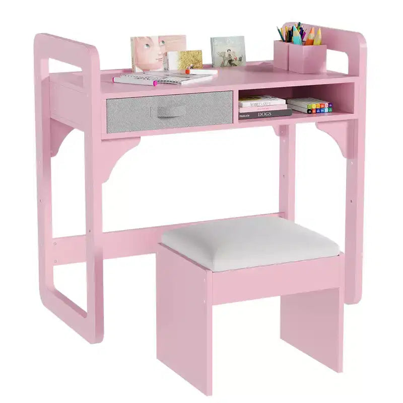 Ensemble Bureau et Chaise pour Enfants, Bureau d'Étude pour Garçons et Filles, Table d'Écriture en Bois pour Enfants avec Tiroirs en Tissu et Porte-Crayons