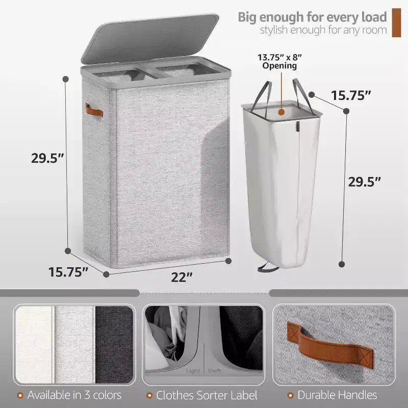 Panier à linge Sorbus à 2 compartiments avec sac à linge amovible – Organisateur durable pour salle de bain, chambre ou buanderie – Design compact