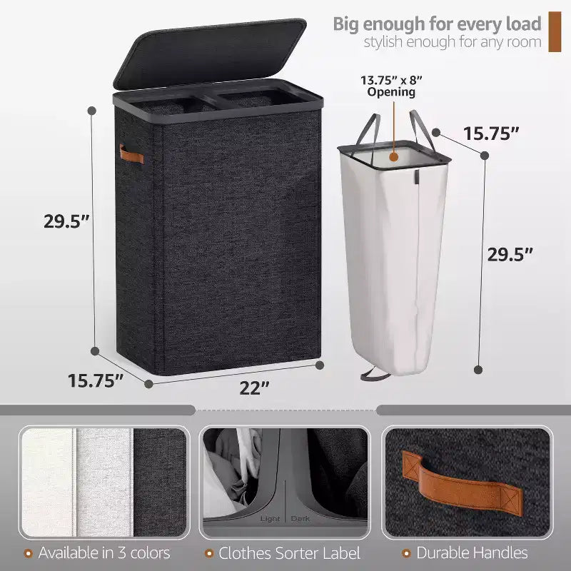 Panier à linge Sorbus à 2 compartiments avec sac à linge amovible – Organisateur durable pour salle de bain, chambre ou buanderie – Design compact