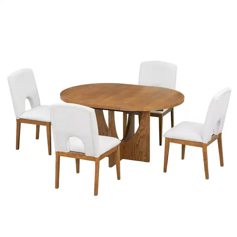 Ensemble de salle à manger rond extensible 5 pièces pour 4 personnes, table de salle à manger de cuisine moderne avec rallonge amovible et 4 chaises rembourrées pour salle à manger