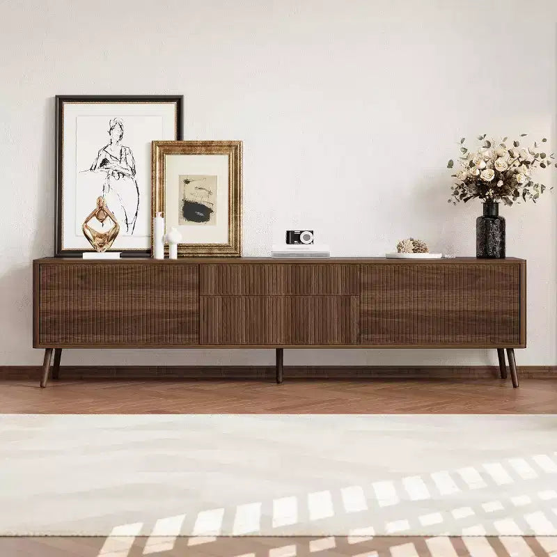 Meuble TV moderne cannelé 70 po pour téléviseurs jusqu'à 80 po, meuble de divertissement avec rangement, console média à pieds en bois massif pour salon-Panipeachy