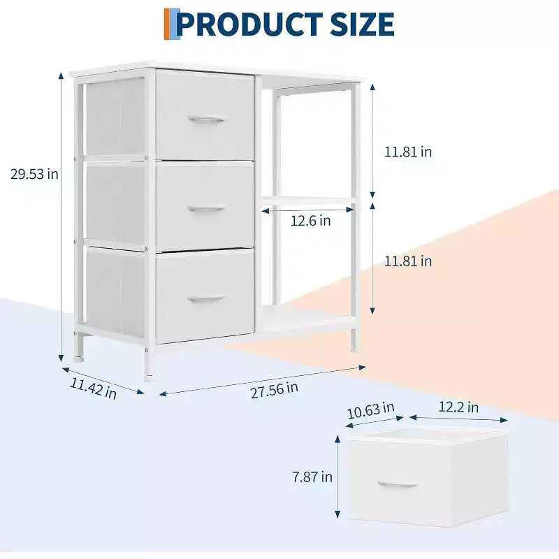 Classeur moderne à 3 tiroirs COZONY, support d'imprimante avec 2 étagères de rangement ouvertes, classeur en tissu sous le bureau pour l'organisation de la maison/bureau