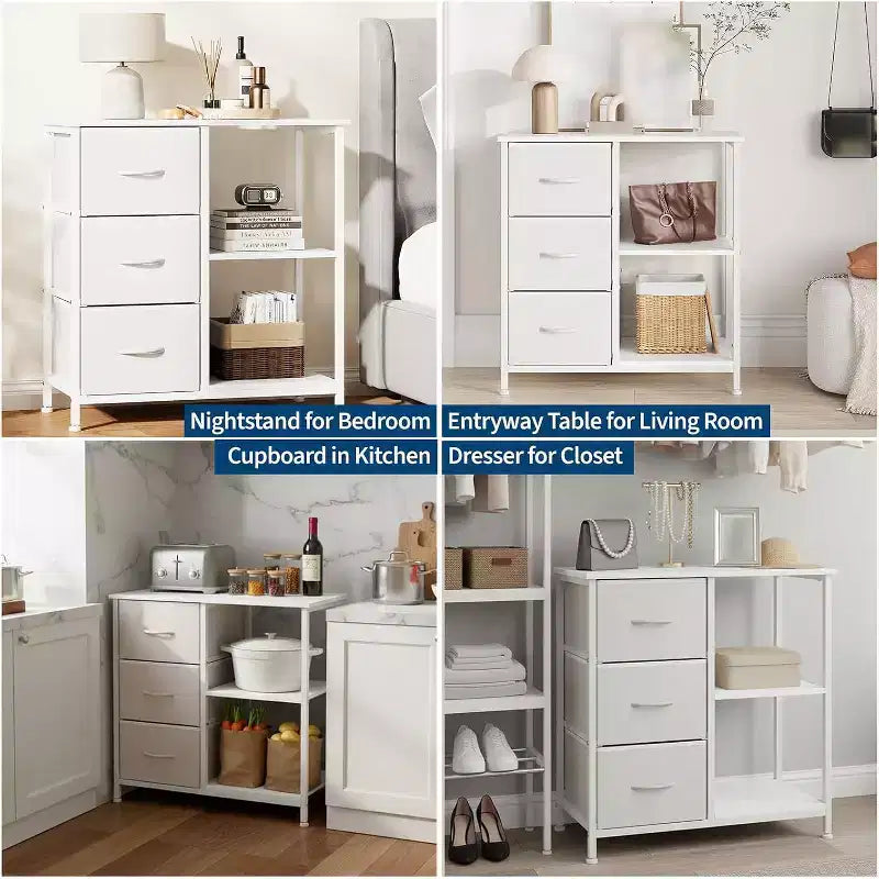 Classeur moderne à 3 tiroirs COZONY, support d'imprimante avec 2 étagères de rangement ouvertes, classeur en tissu sous le bureau pour l'organisation de la maison/bureau