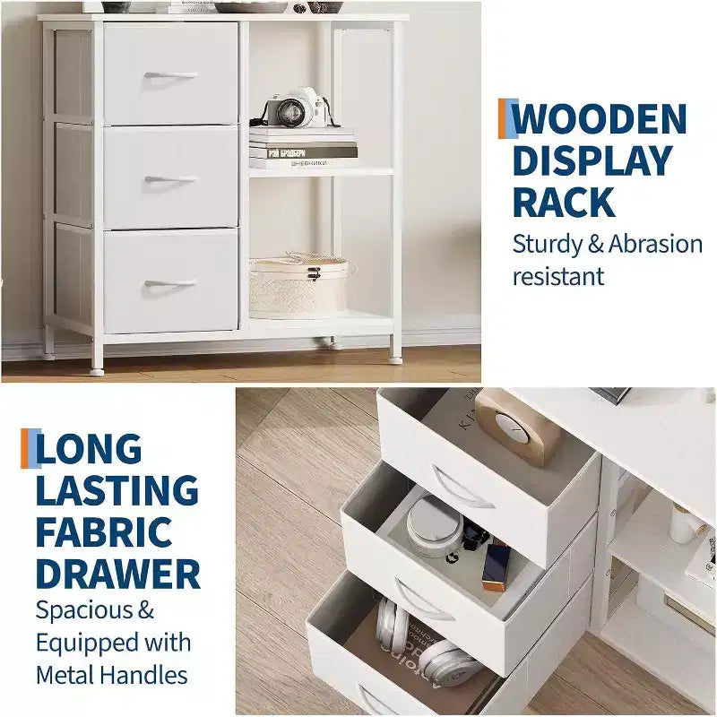 Classeur moderne à 3 tiroirs COZONY, support d'imprimante avec 2 étagères de rangement ouvertes, classeur en tissu sous le bureau pour l'organisation de la maison/bureau