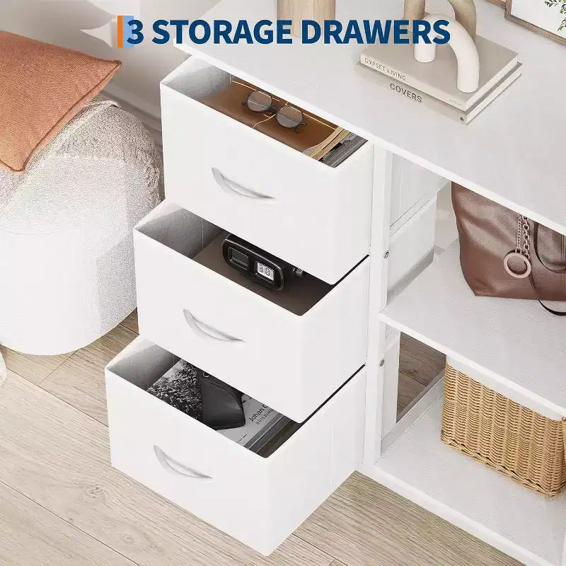 Classeur moderne à 3 tiroirs COZONY, support d'imprimante avec 2 étagères de rangement ouvertes, classeur en tissu sous le bureau pour l'organisation de la maison/bureau