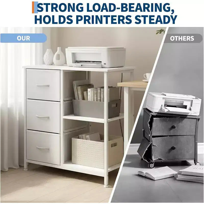 Classeur moderne à 3 tiroirs COZONY, support d'imprimante avec 2 étagères de rangement ouvertes, classeur en tissu sous le bureau pour l'organisation de la maison/bureau